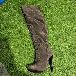 Grey suede knee high heeled boots